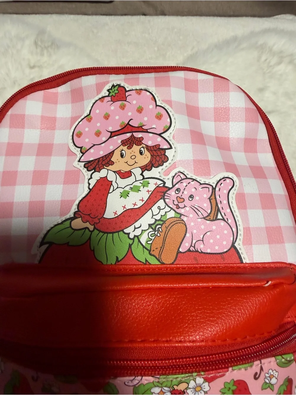 Pink Strawberry Print Kids Backpack with Red Accent